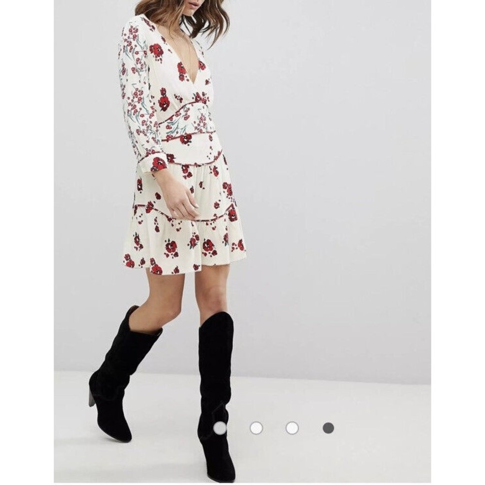 ba&sh Blabe Ecru Poppy Red Off White Floral Lady Dress mini Size 2 Fit & Flare